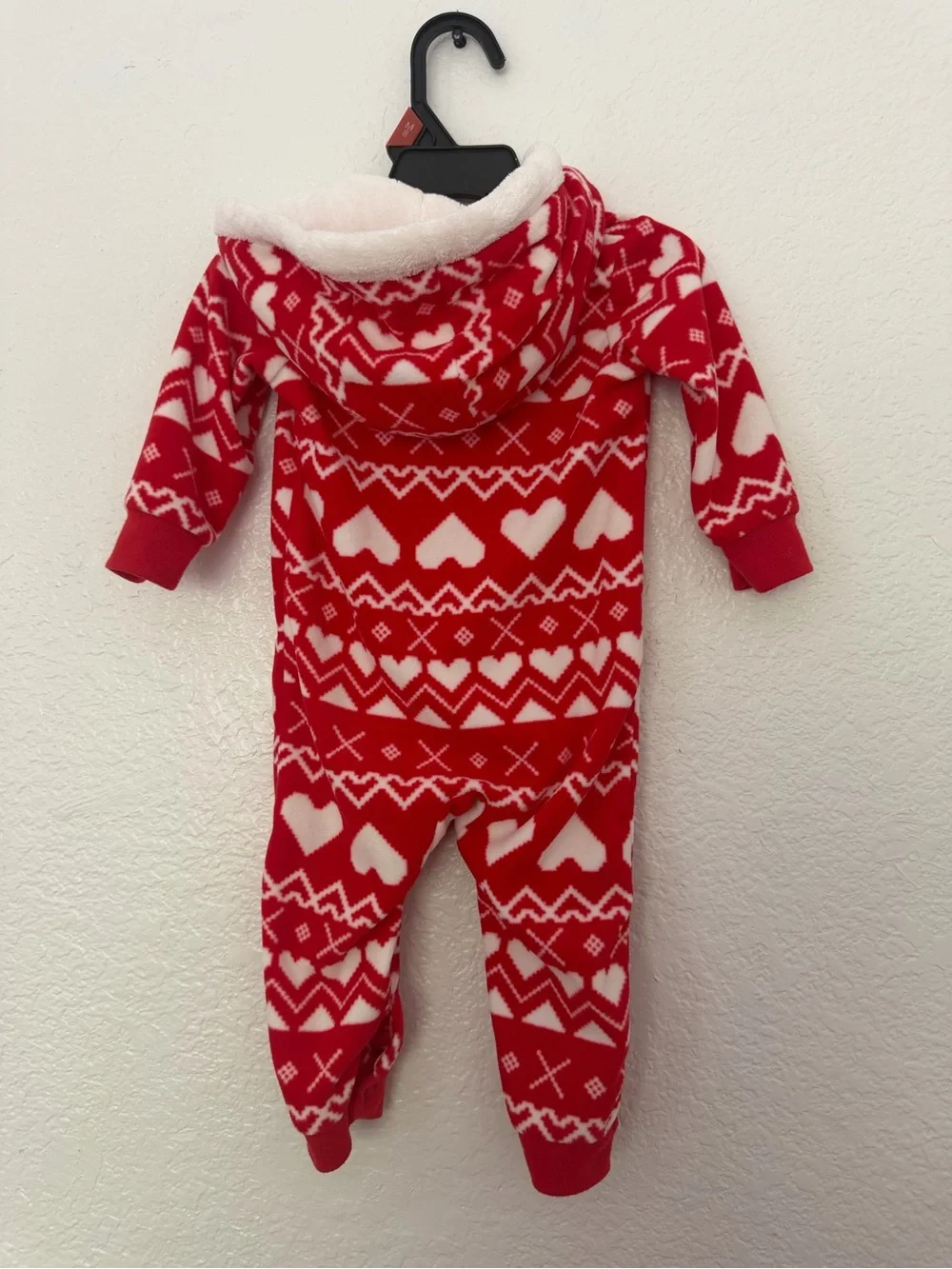 Carter’s Baby 9M Red Heart Fair Isle Fleece Hooded One-Piece Jumpsuit Romper